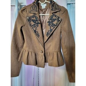 Farinelli Brown Wool Blend Embroidered Peplum Blazer Jacket Womens Small 1101